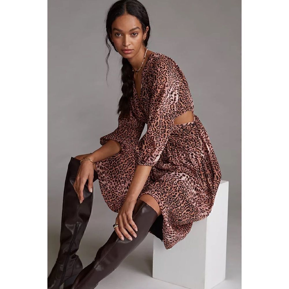 NWT ANTHROPOLOGIE Ranna Hill Floral Leopard Print Cut Out Midi Dress Size XS